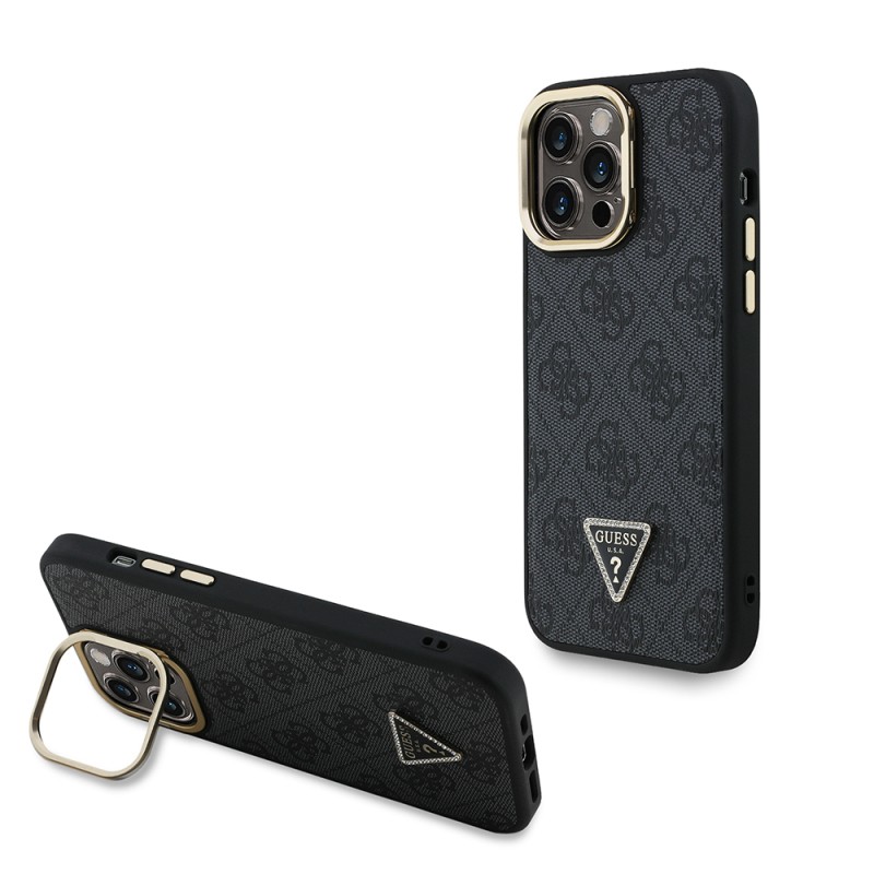 Apple iPhone 13 Pro Max Case Guess Original Licensed PU Leather Stone Triangle Logo 4G Patterned Camera Stand Cover - 1