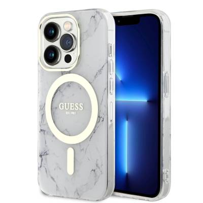 Apple iPhone 13 Pro Max Kılıf GUESS M-safe Şarj Özellikli Mermer Desenli Kapak - Guess