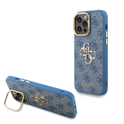 Apple iPhone 13 Pro Max Kılıf Guess Orjinal Lisanslı PU Deri 4G Desenli Metal Büyük 4G ve Yazı Logolu Kamera Standlı Kapak - Guess