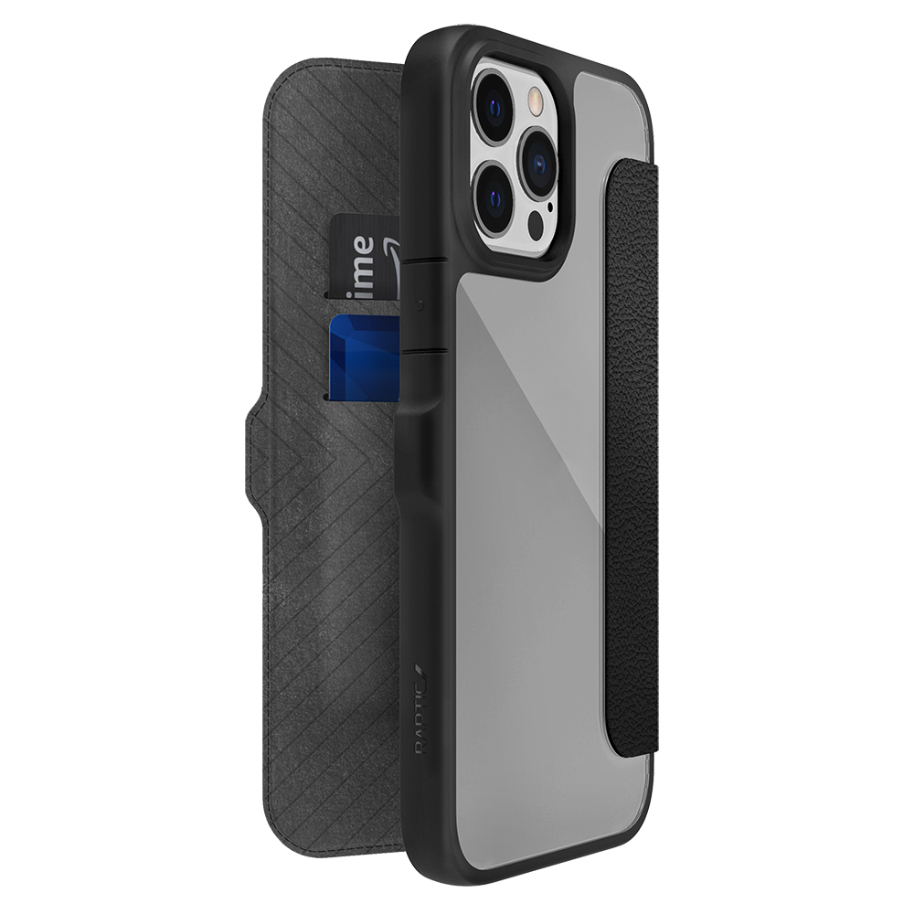 Apple iPhone 13 Pro Max Kılıf Vegan Deri Tasarımlı Şeffaf Arka Yüzey Kartlıklı Raptic Urban Folio Serisi Kapak - Siyah