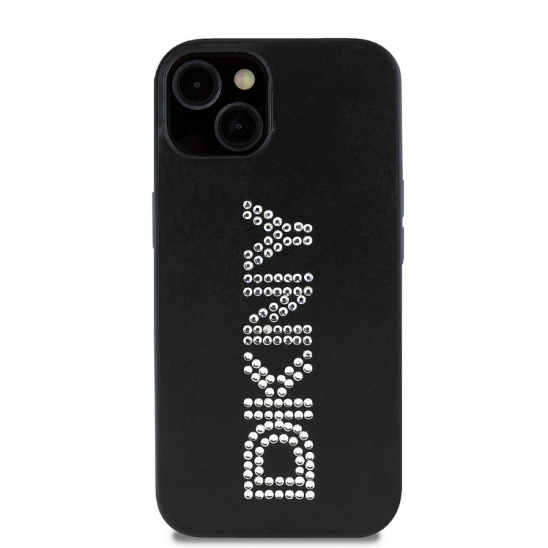 Apple iPhone 14 Case DKNY Original Licensed Stone DKNY Inscription Metallic Rhinestones PU Leather Cover - 1