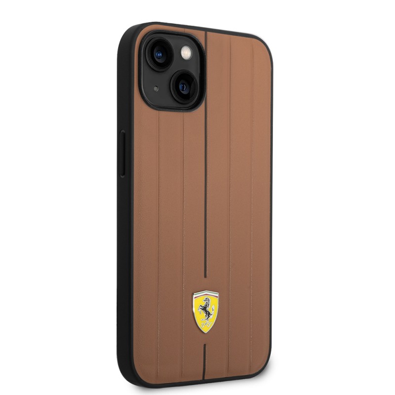 Apple iPhone 14 Case Ferrari Original Licensed Leather Back Surface Metal Logo Stripe Design Cover - 5