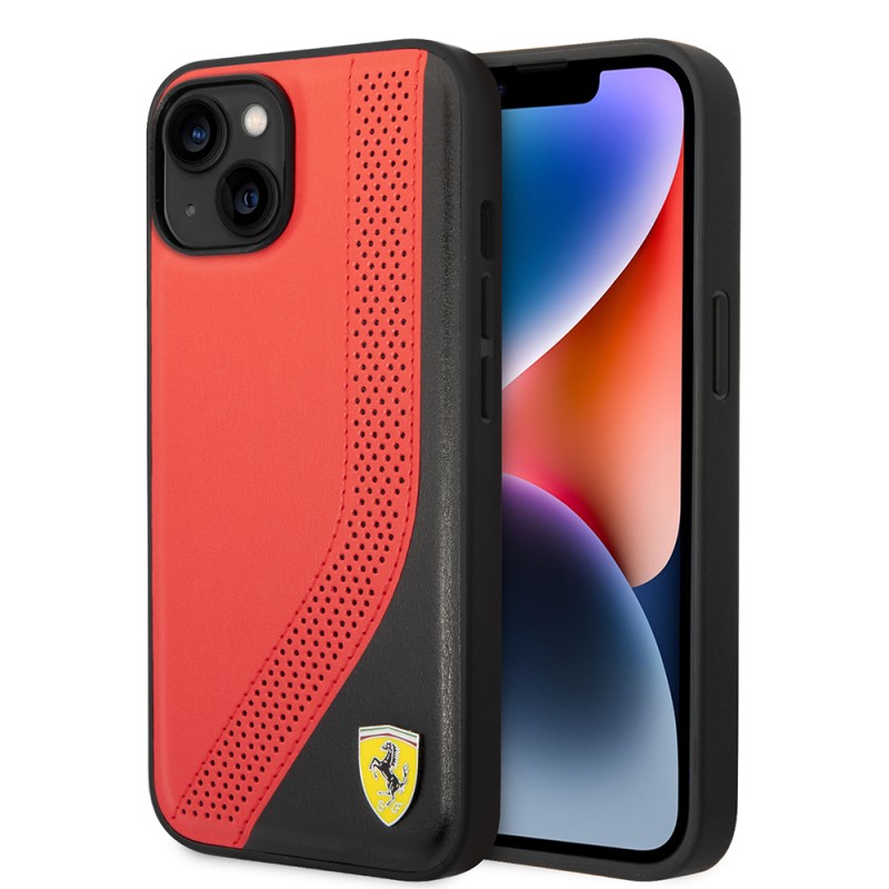 Apple iPhone 14 Case Ferrari Original Licensed Metal Logo Leather Perforated Stitched Design Cover - 1