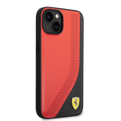Apple iPhone 14 Case Ferrari Original Licensed Metal Logo Leather Perforated Stitched Design Cover - 5