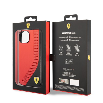 Apple iPhone 14 Case Ferrari Original Licensed Metal Logo Leather Perforated Stitched Design Cover - 9
