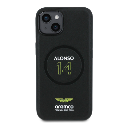 Apple iPhone 14 Kılıf Aston Martin Orjinal Lisanslı M-safe Şarj Özellikli PU Deri Alonso 14 Baskılı Kapak - Aston Martin