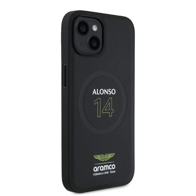 Apple iPhone 14 Kılıf Aston Martin Orjinal Lisanslı M-safe Şarj Özellikli PU Deri Alonso 14 Baskılı Kapak - 4