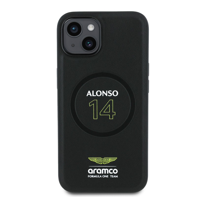 Apple iPhone 14 Kılıf Aston Martin Orjinal Lisanslı M-safe Şarj Özellikli PU Deri Alonso 14 Baskılı Kapak - 2