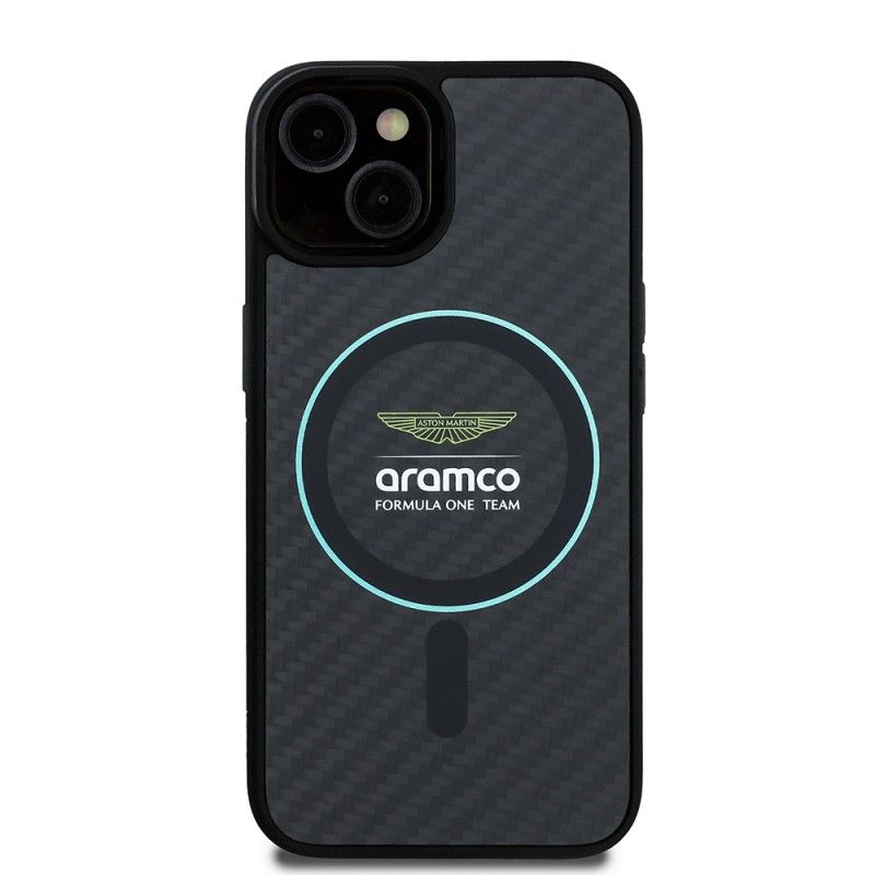 Apple iPhone 14 Kılıf Aston Martin Orjinal Lisanslı M-safe Şarj Özellikli Renkli Halka ve Karbon Fiber Tasarımlı Kapak - 1