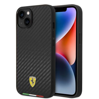 Apple iPhone 14 Kılıf Ferrari M-safe Şarj Özellikli Karbon İtalyan Bayrak Dizayn Kapak - Ferrari
