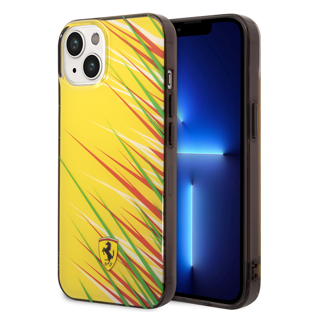 Apple iPhone 14 Kılıf Ferrari Orjinal Lisanslı Baskı Logolu Çimen Desenli Kapak - Sarı