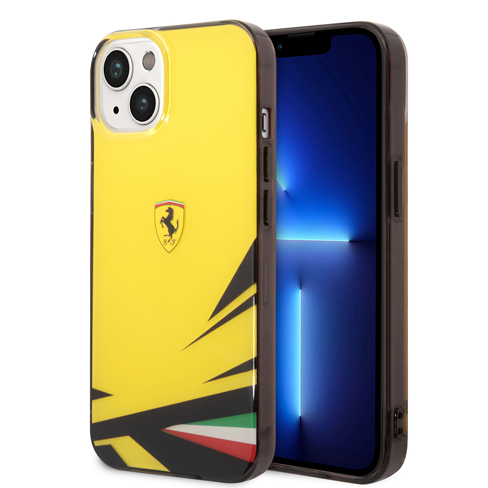 Apple iPhone 14 Kılıf Ferrari Orjinal Lisanslı Baskı Logolu İtalyan Bayrak Baskılı Dizayn Kapak - Sarı