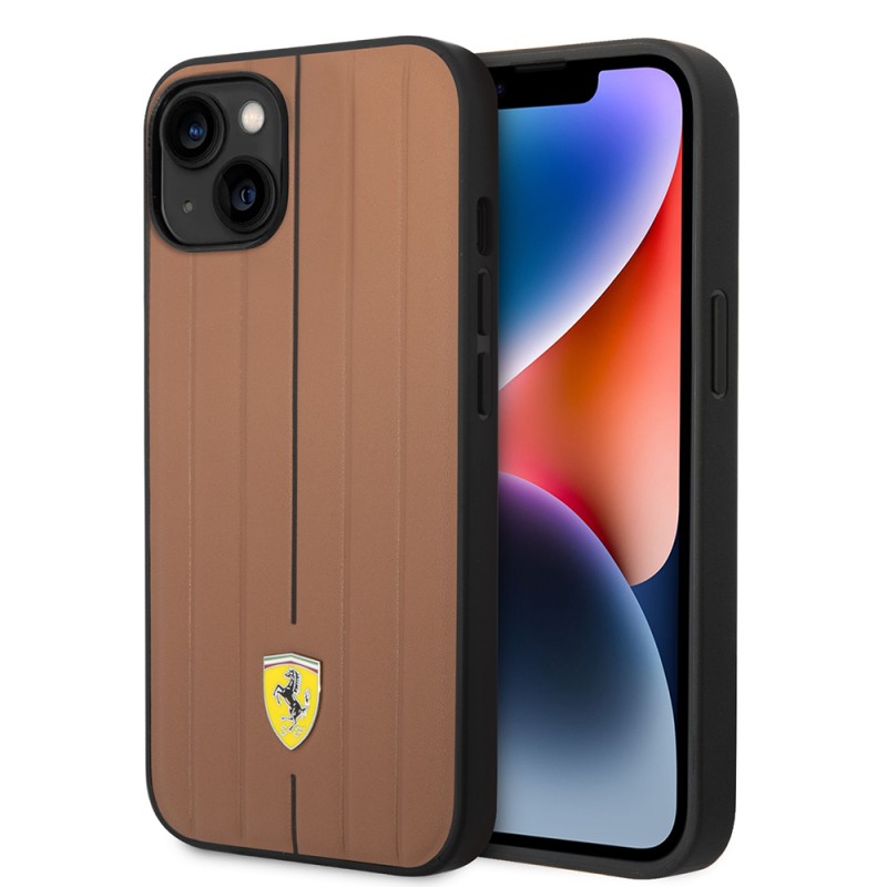 Apple iPhone 14 Kılıf Ferrari Orjinal Lisanslı Deri Arka Yüzey Metal Logolu Şerit Tasarımlı Kapak - 1