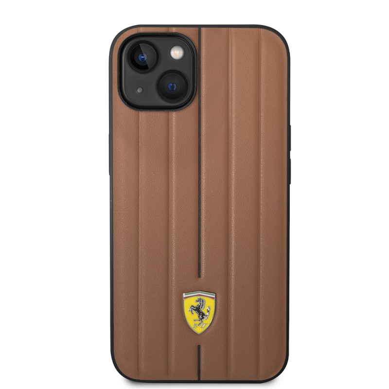Apple iPhone 14 Kılıf Ferrari Orjinal Lisanslı Deri Arka Yüzey Metal Logolu Şerit Tasarımlı Kapak - 4