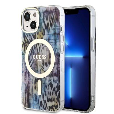 Apple iPhone 14 Kılıf GUESS M-safe Şarj Özellikli Leopar Desenli Kapak - Guess