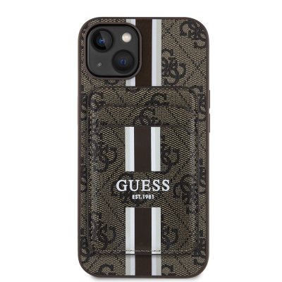 Apple iPhone 14 Kılıf Guess Orjinal Lisanslı M-safe Şarj Özellikli 4G Desenli Çizgili Kartlıklı Kapak - Guess