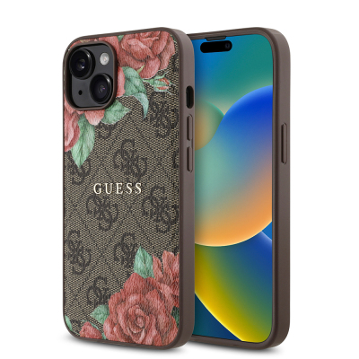 Apple iPhone 14 Kılıf Guess Orjinal Lisanslı M-safe Şarj Özellikli Gül Baskılı 4G Desenli Yazı Logolu Kapak - Guess