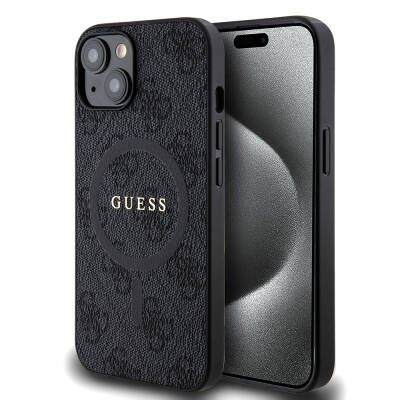 Apple iPhone 14 Kılıf Guess Orjinal Lisanslı M-safe Şarj Özellikli PU Halkalı 4G Desenli Yazı Logolu Kapak - Guess