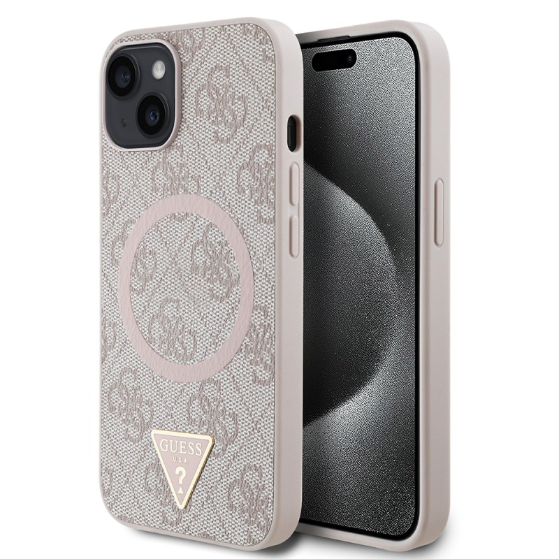 Apple iPhone 14 Kılıf Guess Orjinal Lisanslı M-safe Şarj Özellikli PU Üçgen Logo 4G Desenli Kapak - 1
