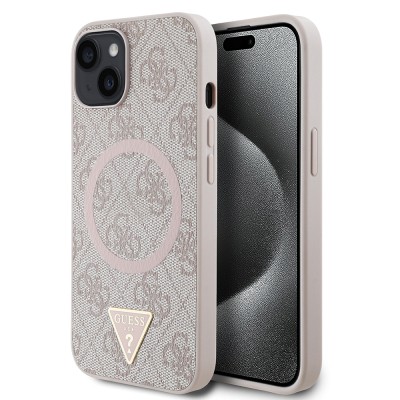 Apple iPhone 14 Kılıf Guess Orjinal Lisanslı M-safe Şarj Özellikli PU Üçgen Logo 4G Desenli Kapak Pembe