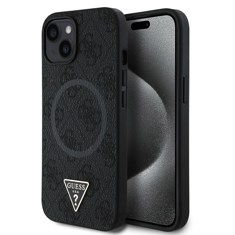 Apple iPhone 14 Kılıf Guess Orjinal Lisanslı M-safe Şarj Özellikli PU Üçgen Logo 4G Desenli Kapak - 18