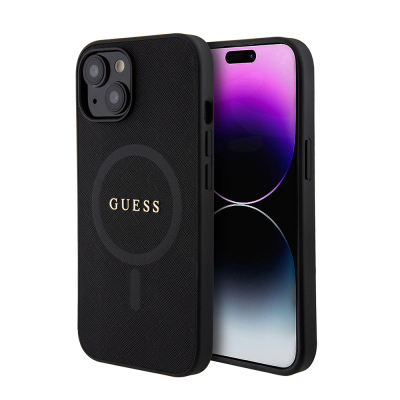 Apple iPhone 14 Kılıf Guess Orjinal Lisanslı M-safe Şarj Özellikli Yazı Logolu Saffiano Classic Kapak - Guess