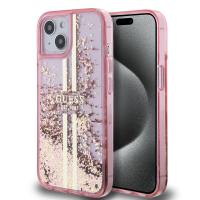 Apple iPhone 14 Kılıf Guess Orjinal Lisanslı Transparan Sıvılı Simli Altın Çizgili Kapak - Guess