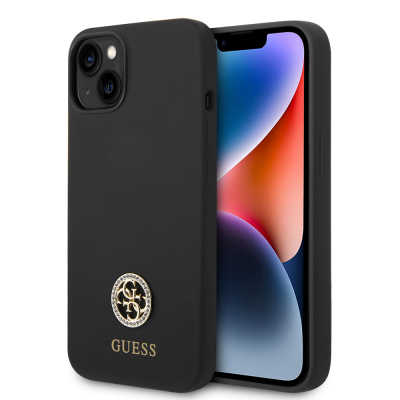 Apple iPhone 14 Kılıf Guess Orjinal Lisanslı Yazı ve Taşlı 4G Logolu Silikon Kapak - Guess
