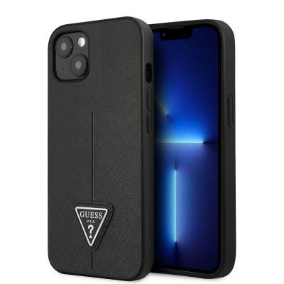 Apple iPhone 14 Kılıf GUESS PU Safran Deri Üçgen Logo Dizayn Kapak - Guess