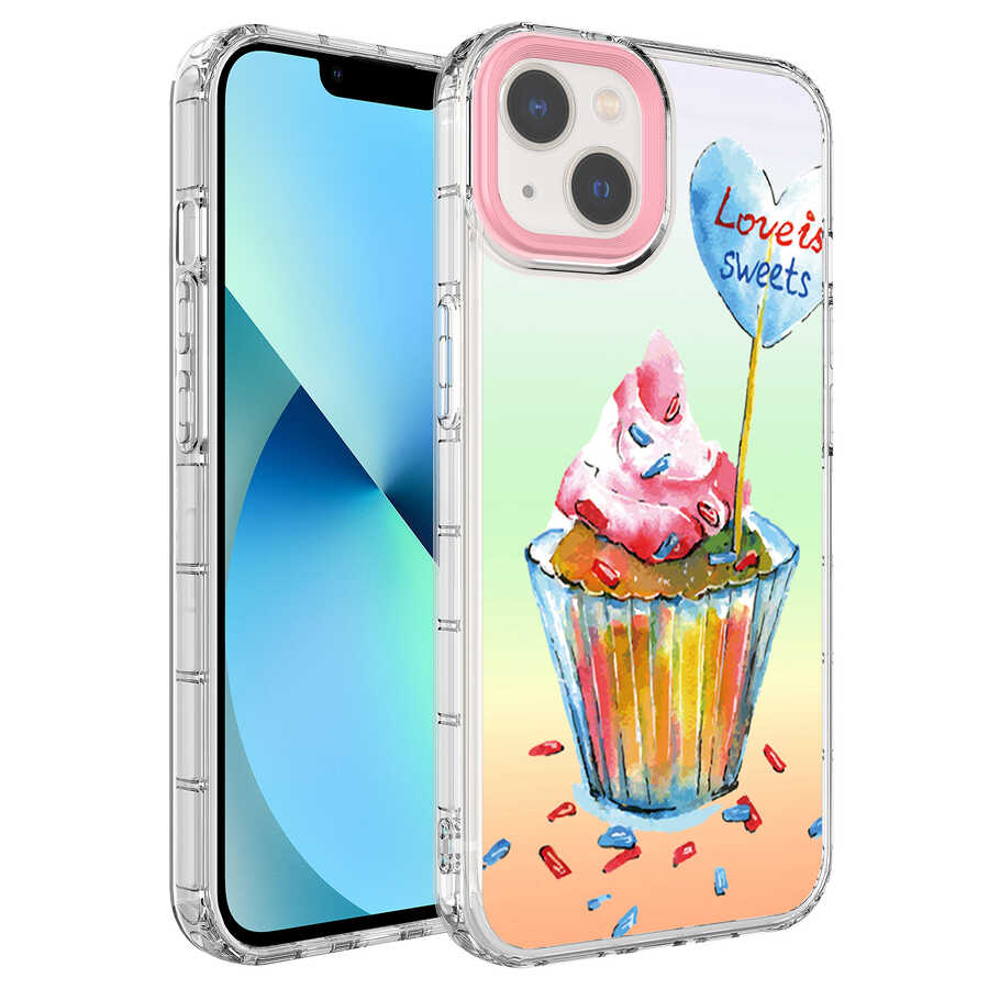 Apple iPhone 14 Kılıf Kamera Korumalı Renkli Desenli Sert Silikon Zore Korn Kapak - NO15