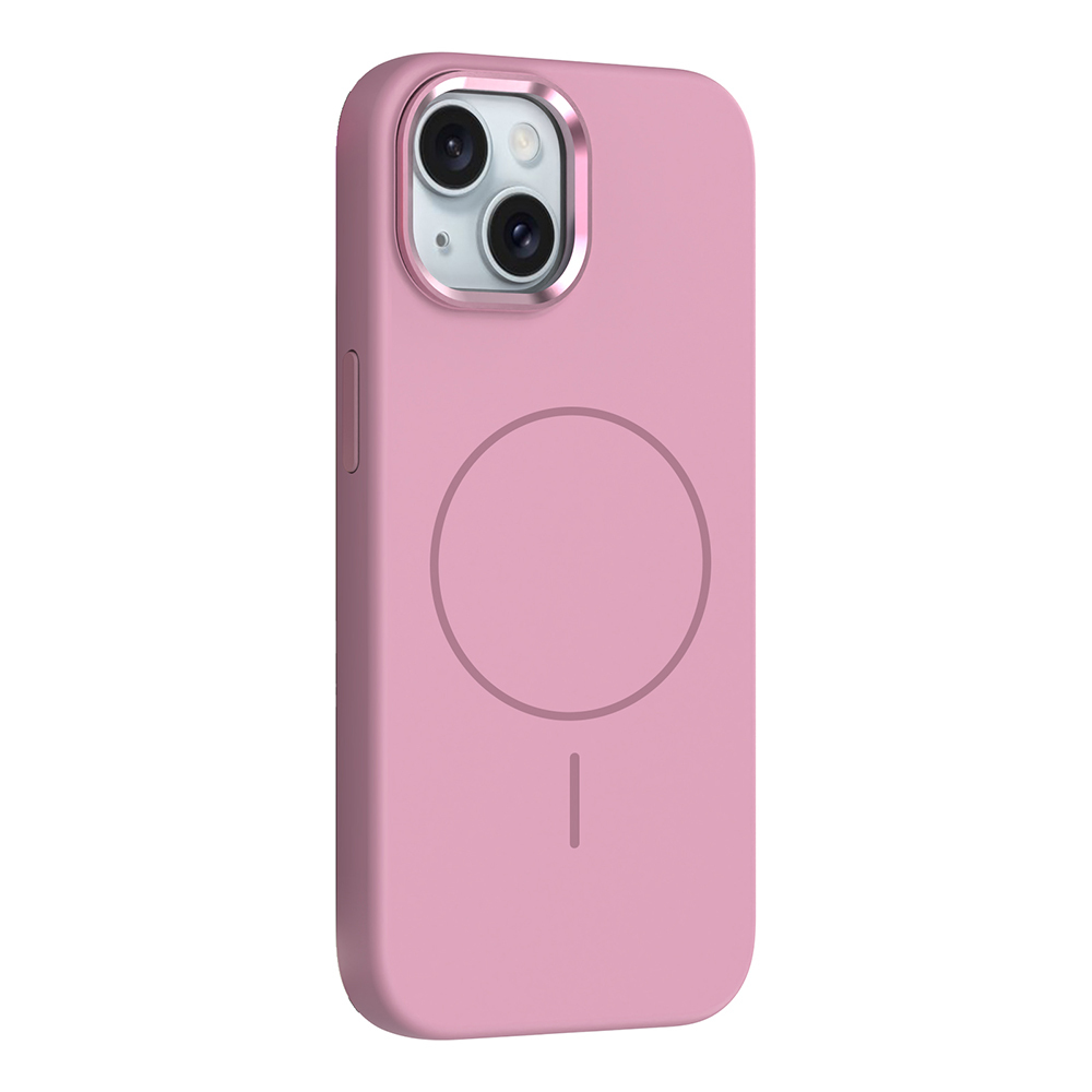iPhone 14 Kılıf M-Safe Şarj Özellikli Metal Kamera Çerçeveli NXXA Edi Silikon Kapak - Pembe