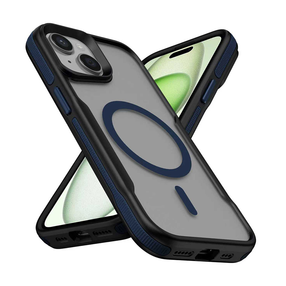iPhone 14 Kılıf M-safe Şarj Özellikli Renkli Kenar Airbag Şeritli Zore Lamer Kapak - Mavi