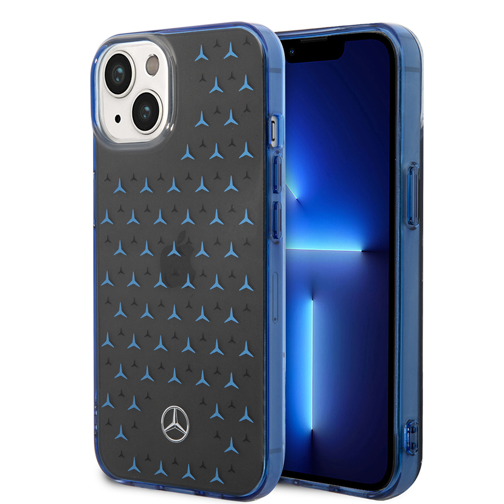 Apple iPhone 14 Kılıf Mercedes Benz Çift Katmanlı Yıldız Desenli Dizayn Kapak - Siyah-Mavi