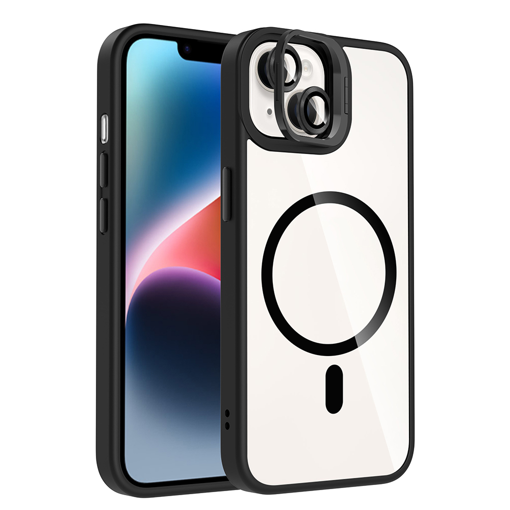 iPhone 14 Kılıf Standlı ve Kamera Lens Hediyeli M-Safe Şarj Özellikli NXXA Etro Kapak - Siyah