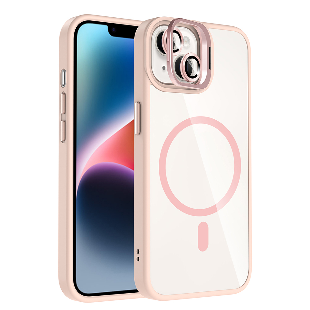 iPhone 14 Kılıf Standlı ve Kamera Lens Hediyeli M-Safe Şarj Özellikli NXXA Etro Kapak - Pembe