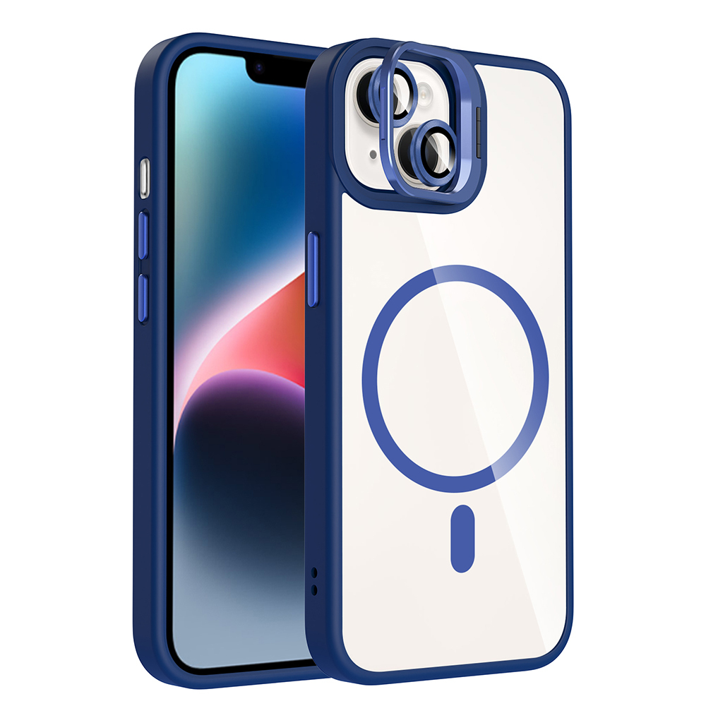 iPhone 14 Kılıf Standlı ve Kamera Lens Hediyeli M-Safe Şarj Özellikli NXXA Etro Kapak - Lacivert