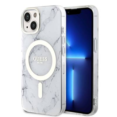 Apple iPhone 14 Plus Kılıf GUESS M-safe Şarj Özellikli Mermer Desenli Kapak - Guess