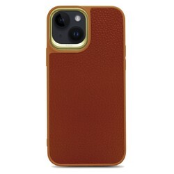 Apple iPhone 14 Plus Kılıf Soft Deri Metal Kamera Çerçeveli Kajsa Litchi Kapak Kahverengi