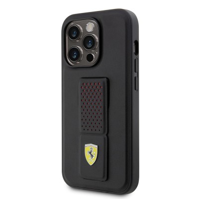Apple iPhone 14 Pro Case Ferrari Original Licensed Classic Metal Logo Leather Cover with Perforated Stand - 4
