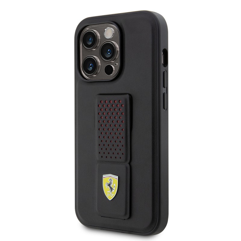 Apple iPhone 14 Pro Case Ferrari Original Licensed Classic Metal Logo Leather Cover with Perforated Stand - 4