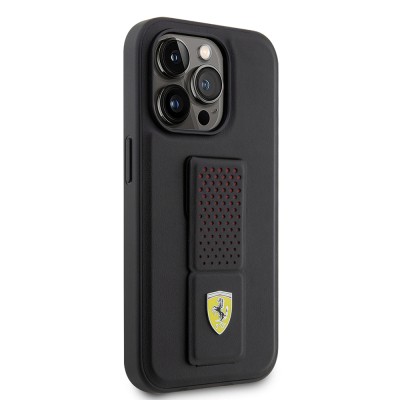 Apple iPhone 14 Pro Case Ferrari Original Licensed Classic Metal Logo Leather Cover with Perforated Stand - 6