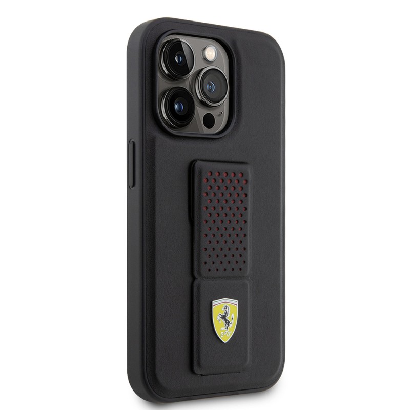 Apple iPhone 14 Pro Case Ferrari Original Licensed Classic Metal Logo Leather Cover with Perforated Stand - 6