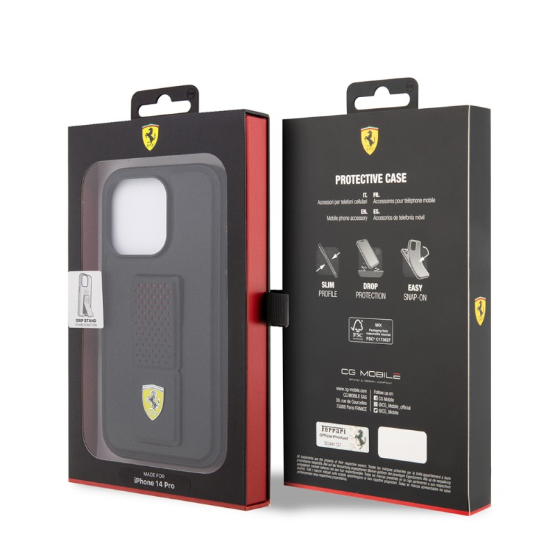 Apple iPhone 14 Pro Case Ferrari Original Licensed Classic Metal Logo Leather Cover with Perforated Stand - 10