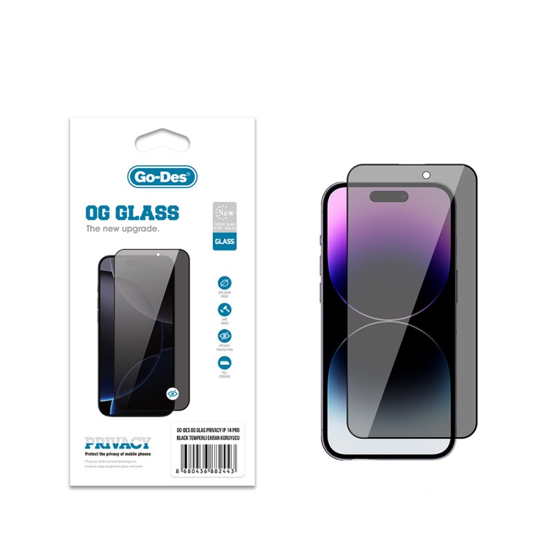 Apple iPhone 14 Pro Go Des OG Glass Privacy Antistatik Temperli Cam Ekran Koruyucu - 1