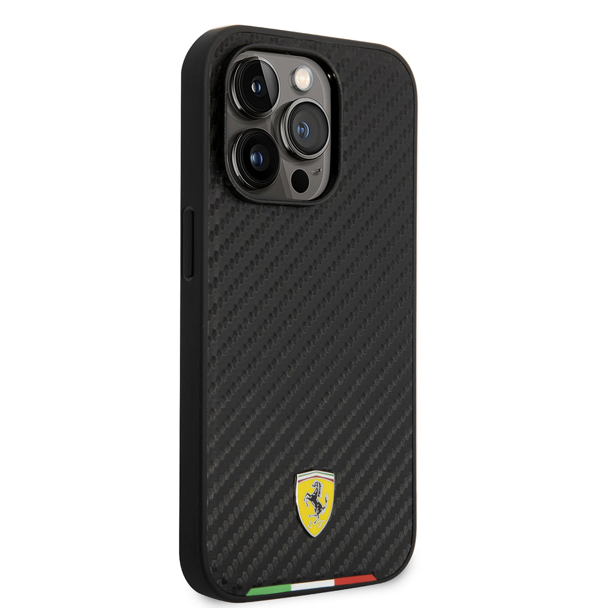 Apple iPhone 14 Pro Kılıf Ferrari M-safe Şarj Özellikli Karbon İtalyan Bayrak Dizayn Kapak - Siyah