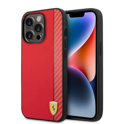Apple iPhone 14 Pro Kılıf Ferrari M-safe Şarj Özellikli PU Deri Karbon Şeritli Dizayn Kapak - Ferrari