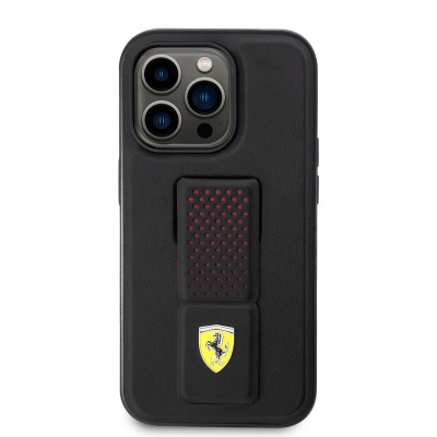 Apple iPhone 14 Pro Kılıf Ferrari Orjinal Lisanlı Klasik Metal Logolu Delikli Standlı Deri Kapak - 5