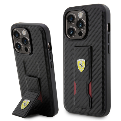 Apple iPhone 14 Pro Kılıf Ferrari Orjinal Lisanlı Klasik Metal Logolu Delikli Standlı Karbon Kapak - Ferrari