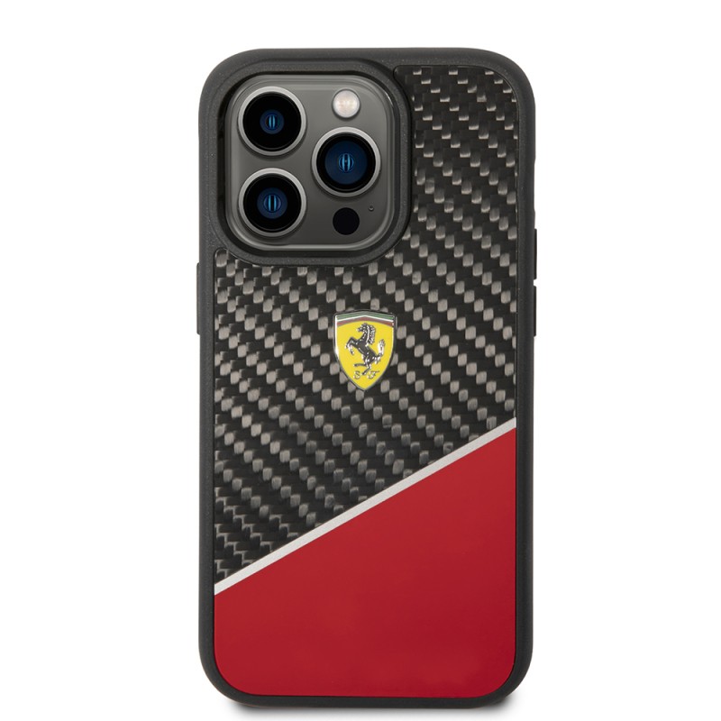 Apple iPhone 14 Pro Kılıf Ferrari Orjinal Lisanlı Klasik Metal Logolu Karbon Şerit Desenli Kapak - 4