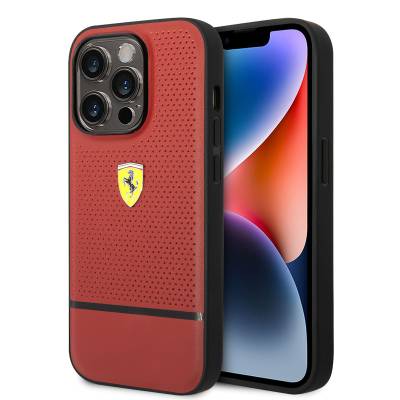 Apple iPhone 14 Pro Kılıf Ferrari Orjinal Lisanslı Deri Delikli Ve Çizgili Dizayn Kapak - Ferrari